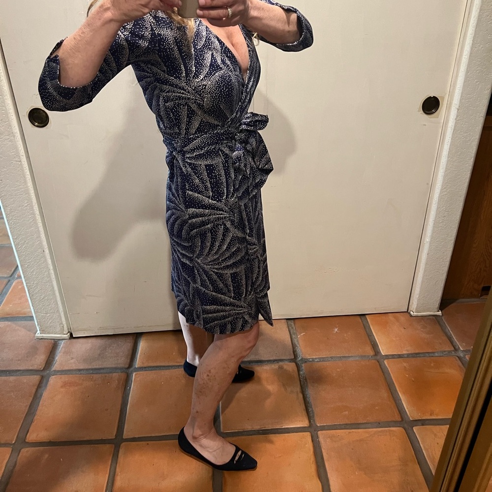 Diane Von Furstenberg Navy and White Patterned Wrap Dress